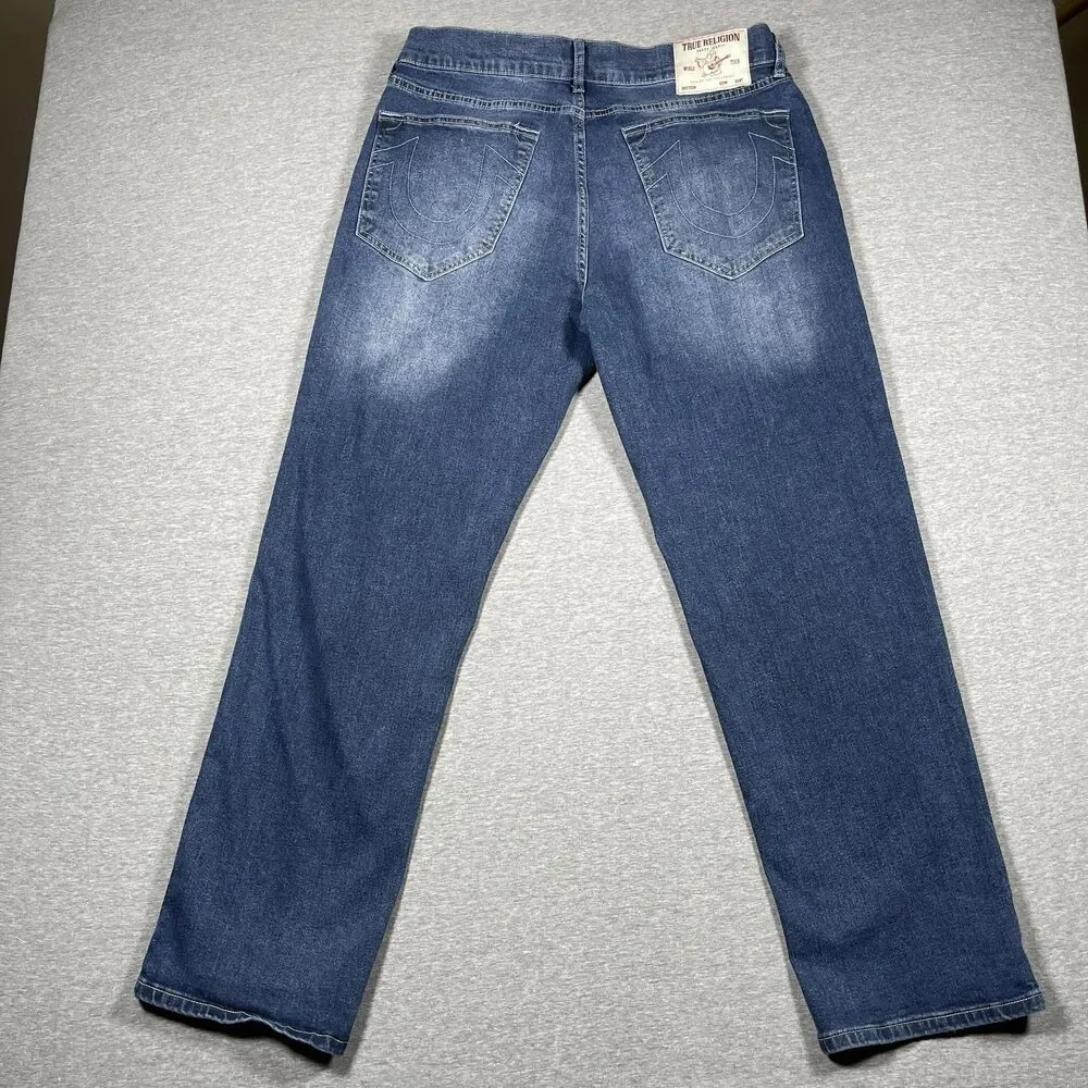 True Religion Bobby Relaxed Baggy Jeans Mens 35x31 Blue Medium Wash Embroidered